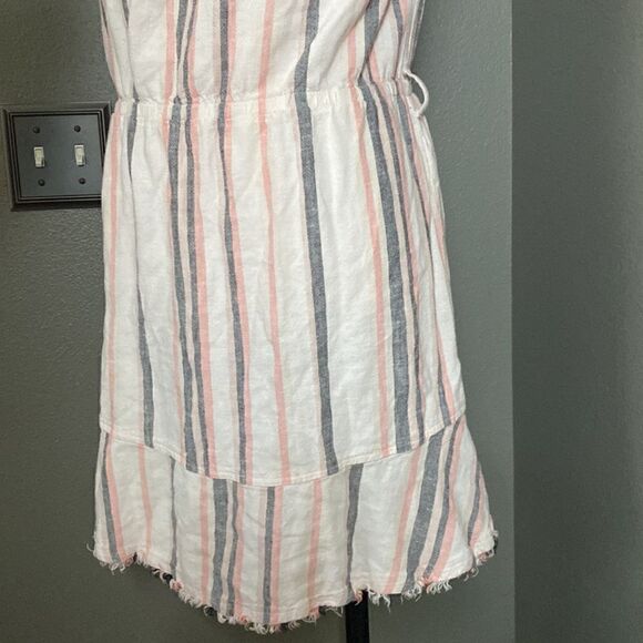 CLOTH & STONE Anthropologie Frayed Hem Strapless Linen Dress Vertical Striped - Picture 3 of 10